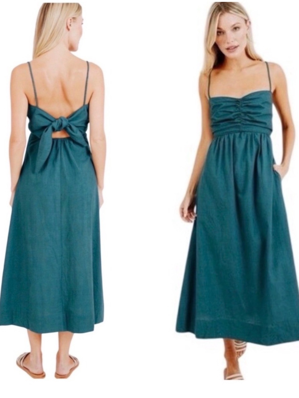 Teal Tie-Back Midi Sundress with Ruched Bodice